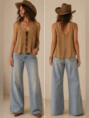 Dynamite Faux Suede Lace-Up Tank | Western Boho | Size M